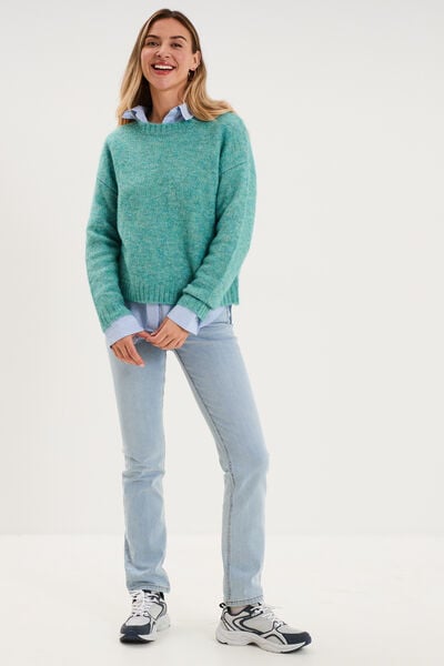 Pull col rond manches longues bleu canard femme