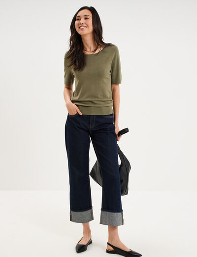 Pull manches courtes col rond vert kaki femme