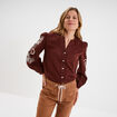 Blouse col tunisien manches brodées marron femme