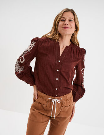 Blouse col tunisien manches brodées marron femme
