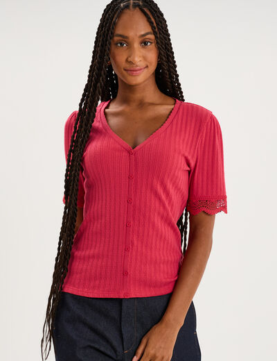 Blouse manches courtes col V dentelle rose cerise femme