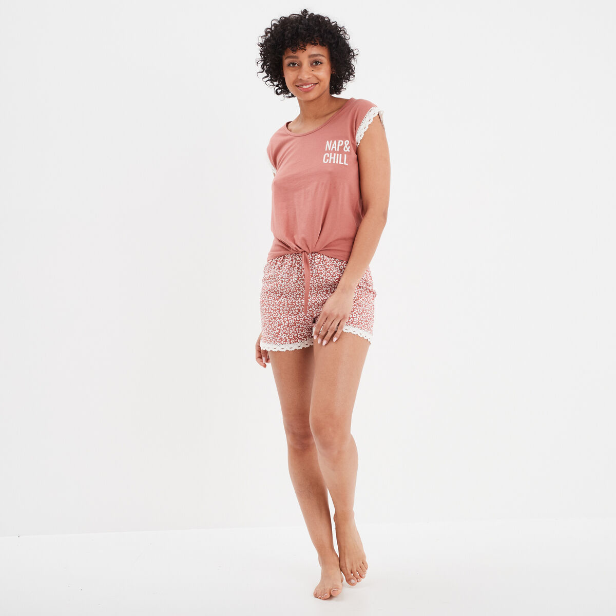 Ensemble pyjama 2 pièces t-shirt à noeud terracotta femme