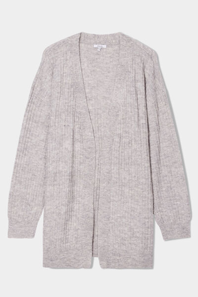 Gilet long côtelé col châle gris femme grande taille
