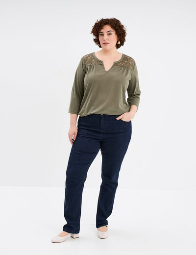 T-shirt col tunisien avec dentelle vert kaki femme grande taille