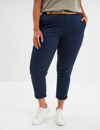 Pantalon chino cigarette ceinturé coton bleu marine femme grande taille