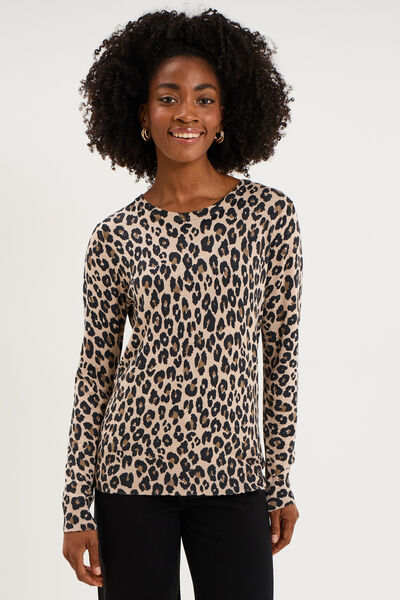 Pull col rond manches longues beige femme