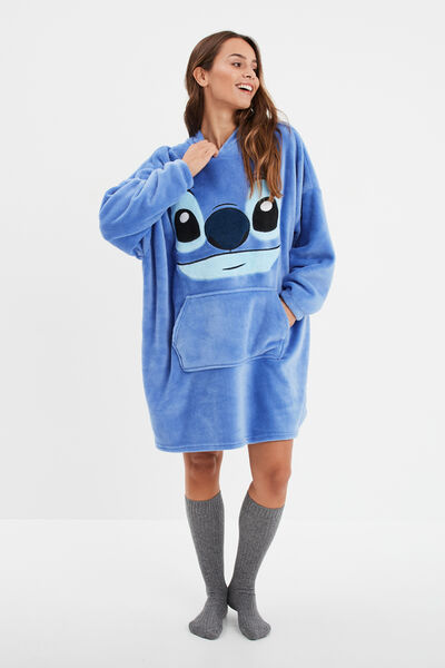 Poncho plaid &agrave; capuche Stitch bleu femme