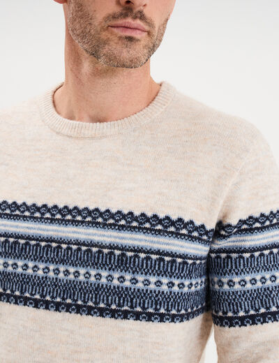 Pull jacquard col rond manches longues beige homme