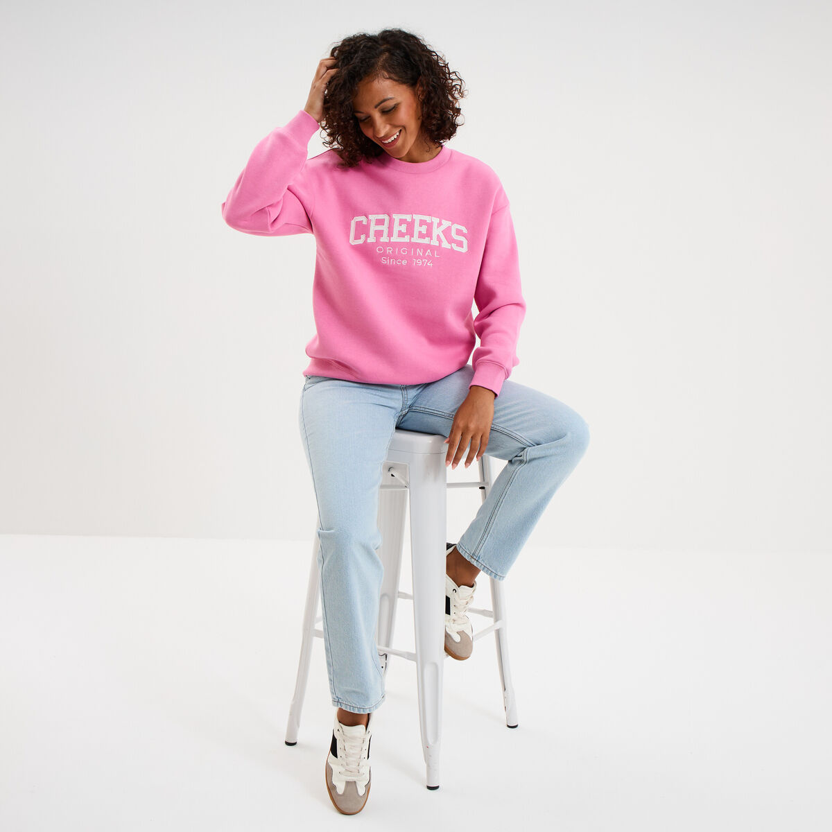 Sweat molleton col rond manches longues rose vif femme