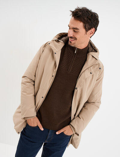 Parka mi-longue &agrave; capuche taupe homme
