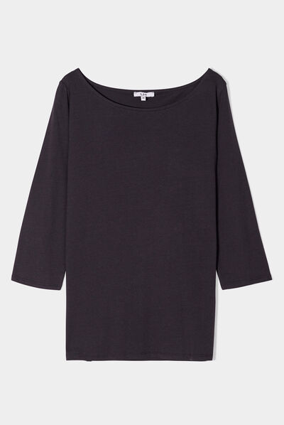 T-shirt col bateau manches 3/4 noir femme