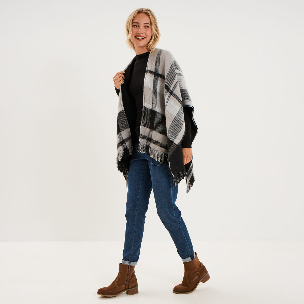 Poncho &agrave; franges gris femme