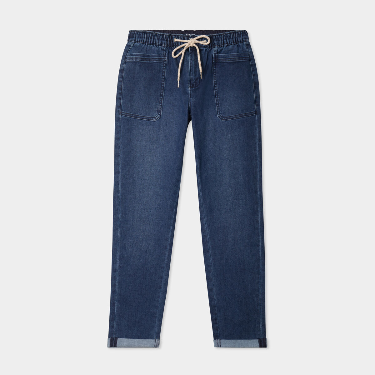 Jeans droit cropped taille &eacute;lastiqu&eacute;e bleu femme