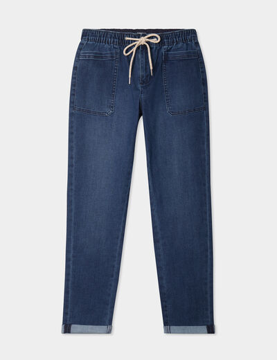 Jeans droit cropped taille &eacute;lastiqu&eacute;e bleu femme