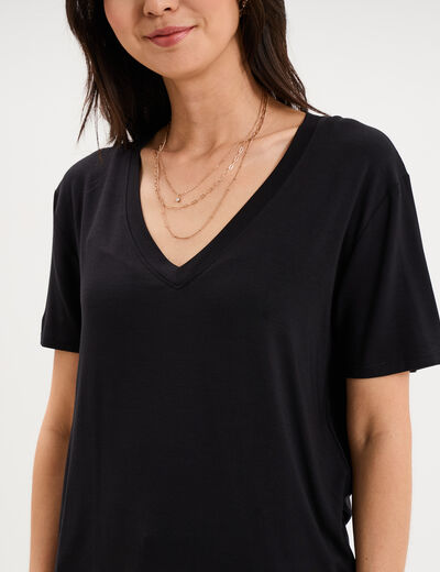 T-shirt fluide col en V manches courtes noir femme