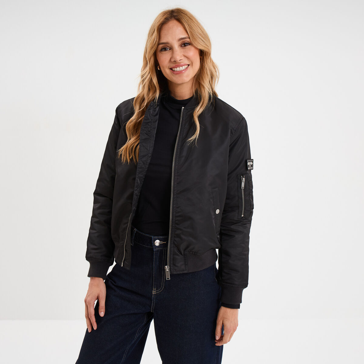 Blouson d&eacute;perlant col teddy noir femme