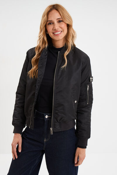 Blouson d&eacute;perlant col teddy noir femme