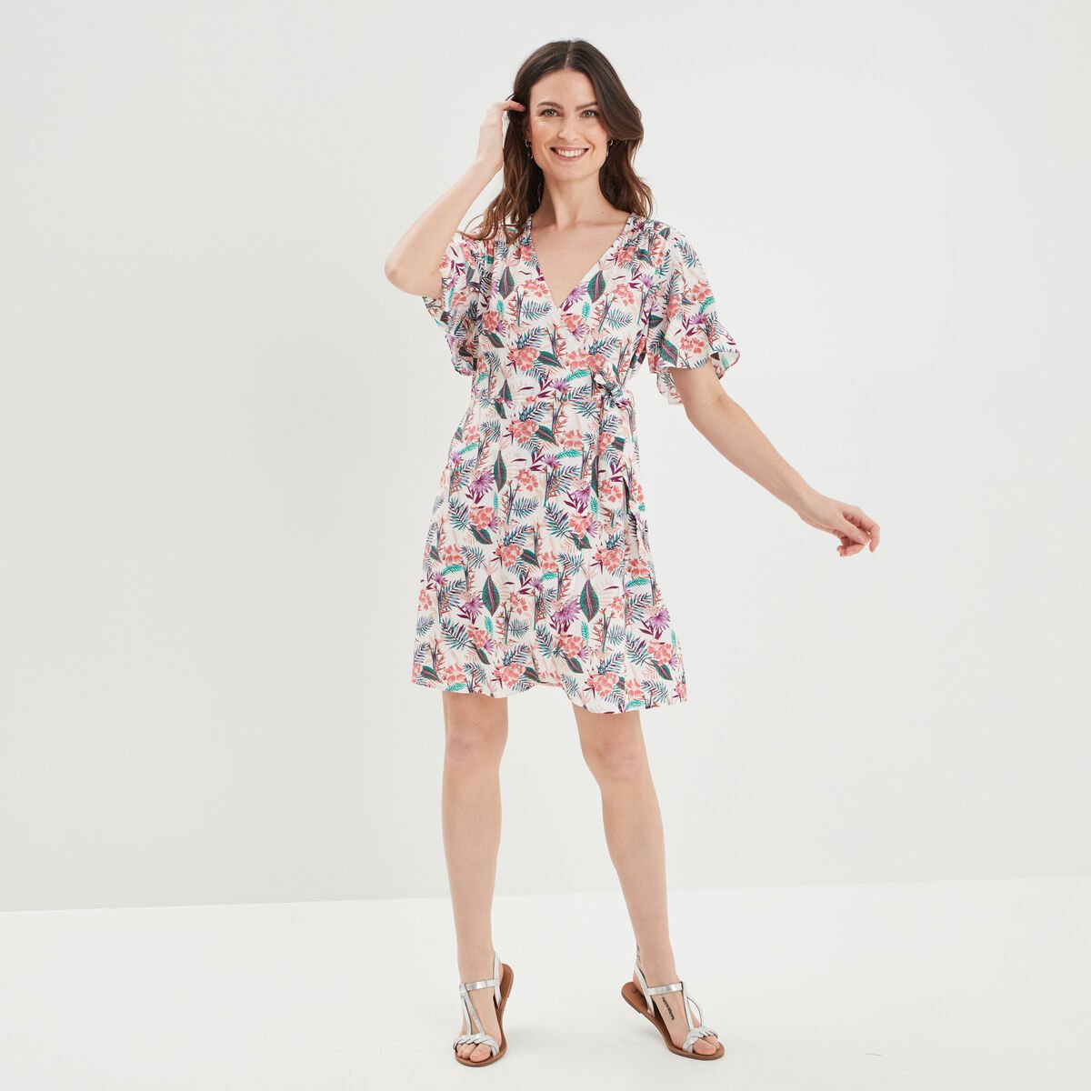 Robe courte portefeuille ecru femme