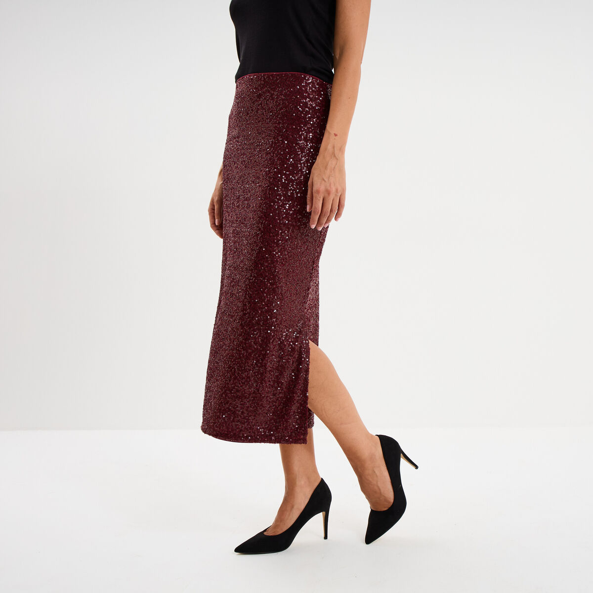 Jupe longue &agrave; sequins rouge fonc&eacute; femme