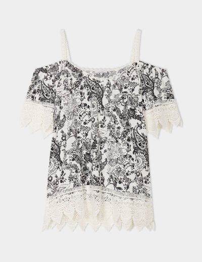 T-shirt col bardot avec dentelle ecru femme grande taille