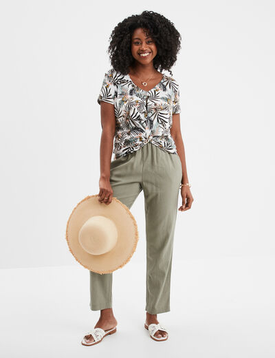 Pantalon en lin droit 7/8ème vert kaki femme
