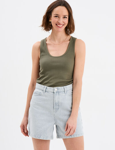 Débardeur col rond côtelé coton vert kaki femme