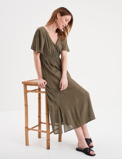 Robe longue empire fils métallisés coton vert kaki femme