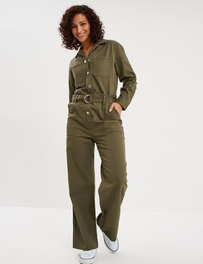 Combinaison pantalon ceintur&eacute;e coton vert kaki femme