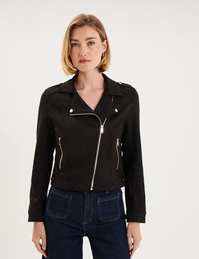 Veste biker en su&eacute;dine ajust&eacute;e noir femme