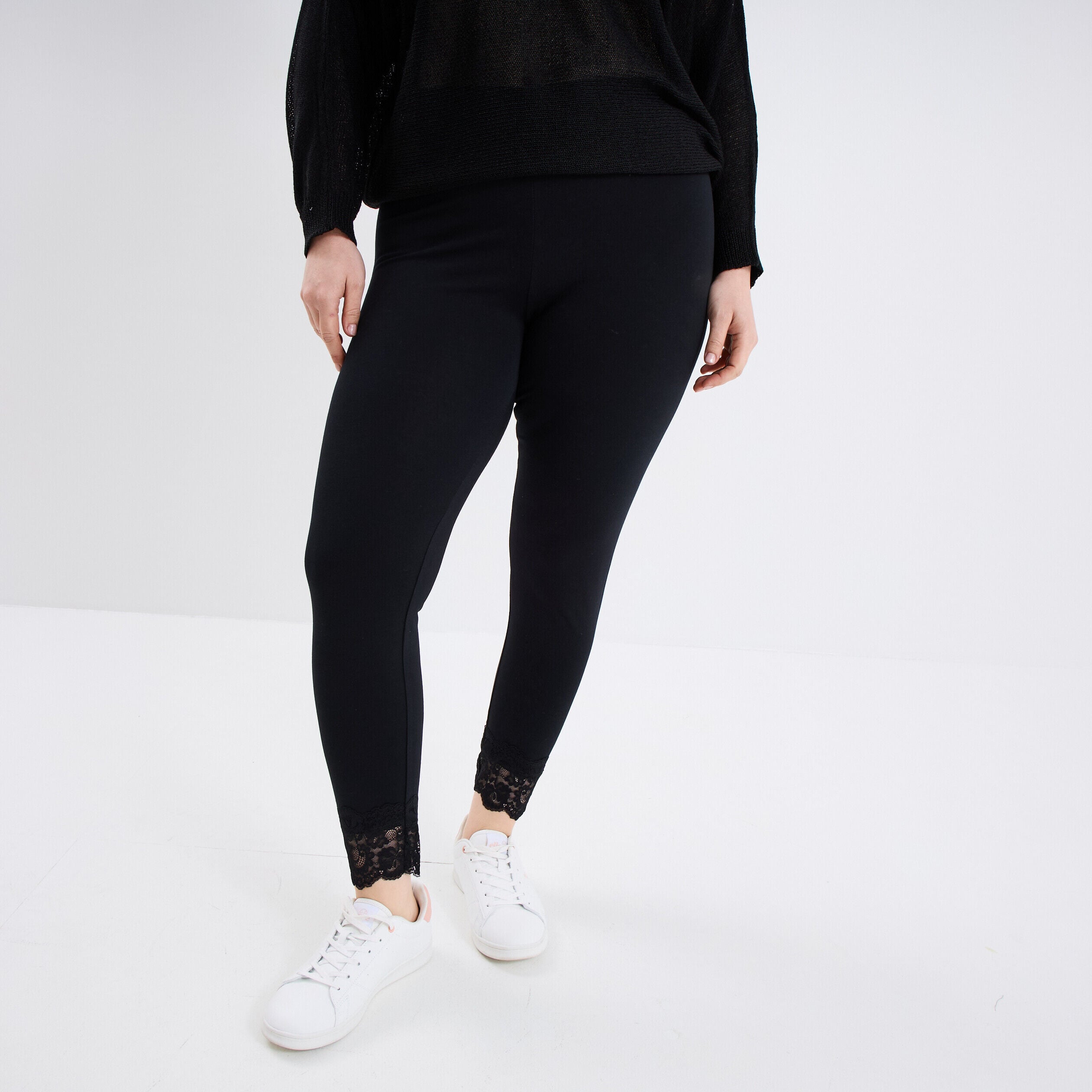 Legging cheville dentelle coton noir femme grande taille LH