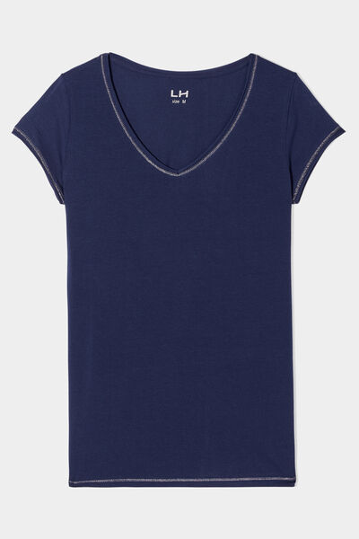 T-shirt col V ajust&eacute; manches courtes bleu marine femme