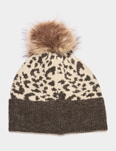 Bonnet &agrave; pompon fausse fourrure sable femme