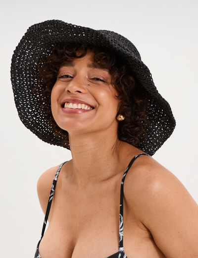 Chapeau de paille tress&eacute; noir femme