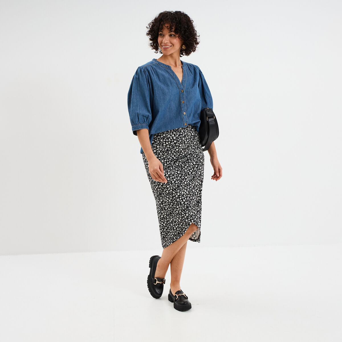 Blouse manches ballons en jean coton denim stone femme