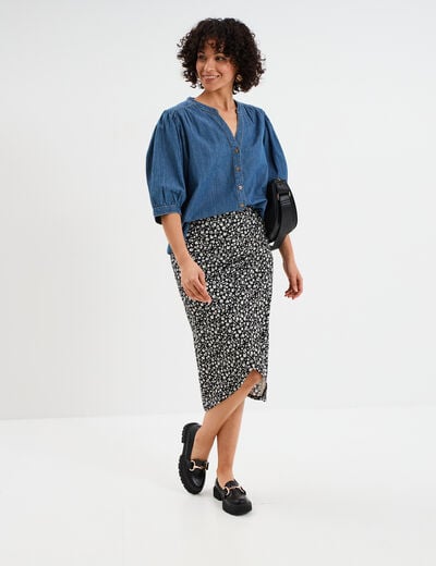 Blouse manches ballons en jean coton denim stone femme