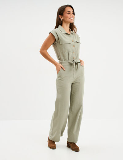 Combinaison pantalon ceinturée lin vert kaki femme
