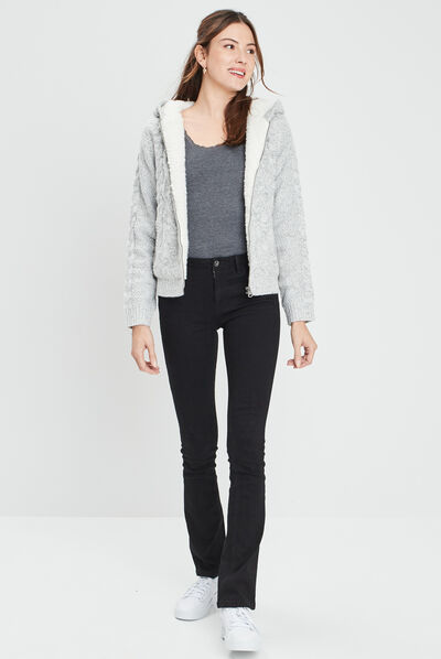 Gilet zippé doublure sherpa à capuche gris femme