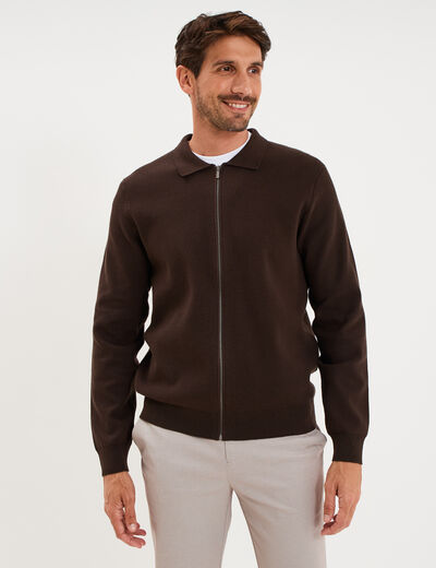 Gilet zipp&eacute; en maille manches longues marron fonc&eacute; homme