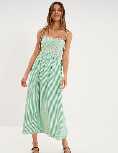 Robe longue &agrave; bretelles et haut smock&eacute; vert femme