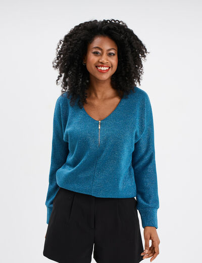 Pull chauve-souris col en V détail zippé bleu pétrole femme