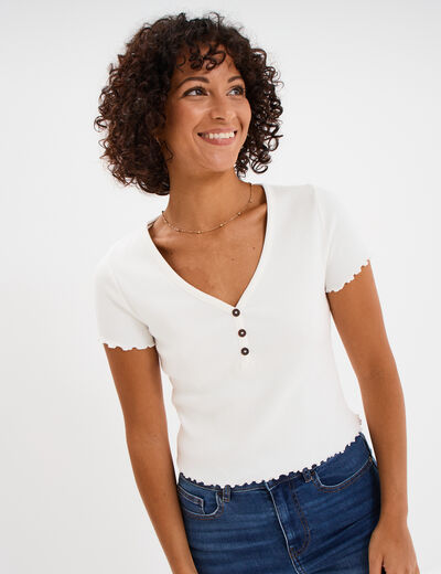 T-shirt court effet côtelé col en V ivoire femme