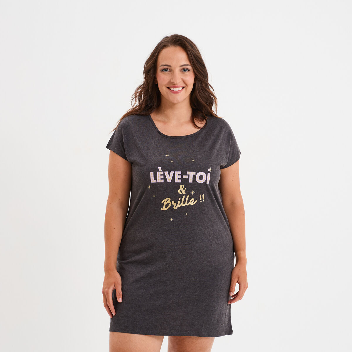 Chemise de nuit manches courtes gris foncé femme grande taille