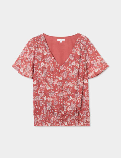 Blouse col en V taille élastiquée terracotta femme
