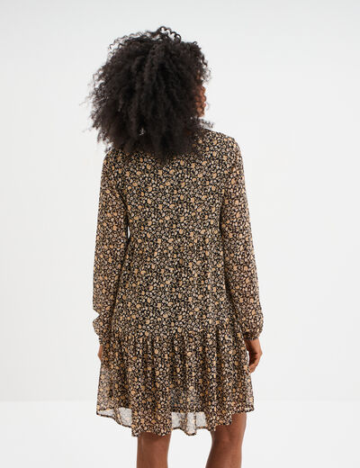 Robe évasée col en V et volants noir femme
