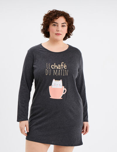 Chemise de nuit manches longues coton gris foncé femme grande taille