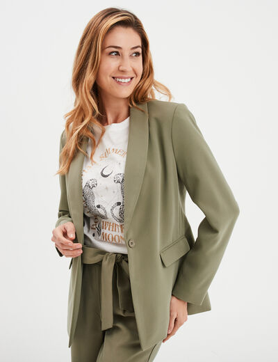 Veste blazer coupe droite col châle vert kaki femme