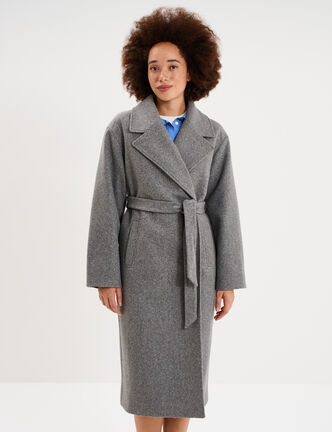 Manteau long oversize ceintur&eacute; gris femme