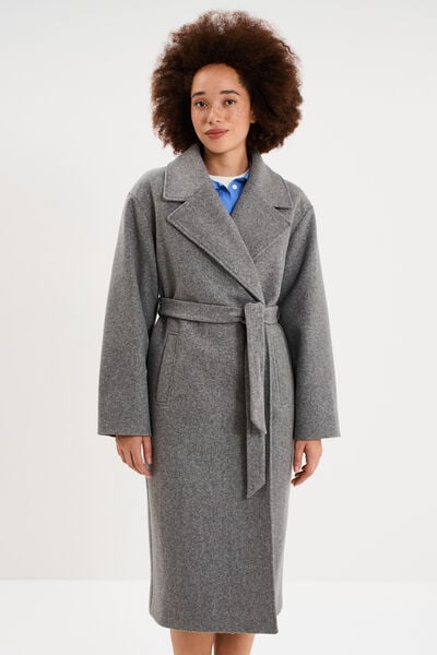Manteau long oversize ceintur&eacute; gris femme