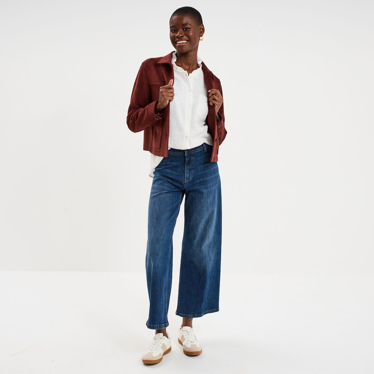 Veste effet su&eacute;dine boutonn&eacute;e bordeaux femme