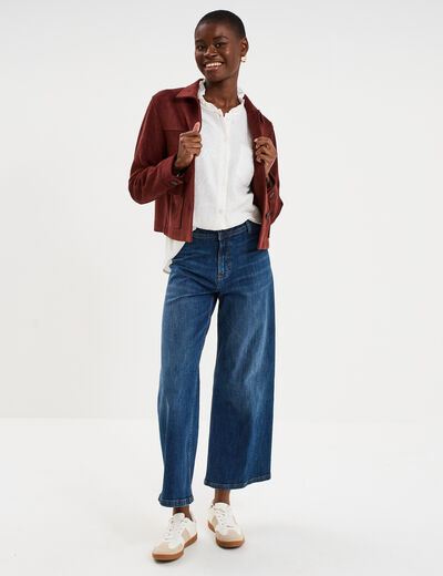 Veste effet su&eacute;dine boutonn&eacute;e bordeaux femme